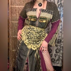 Bohemian Embellished Patchwork Dress with Gold Lace Scarf